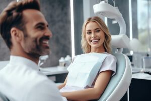 Frau auf Zahnarztstuhl, Zahnarzt, beide lächeln
