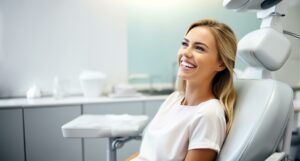 Lächelnde Frau auf Zahnarztstuhl /